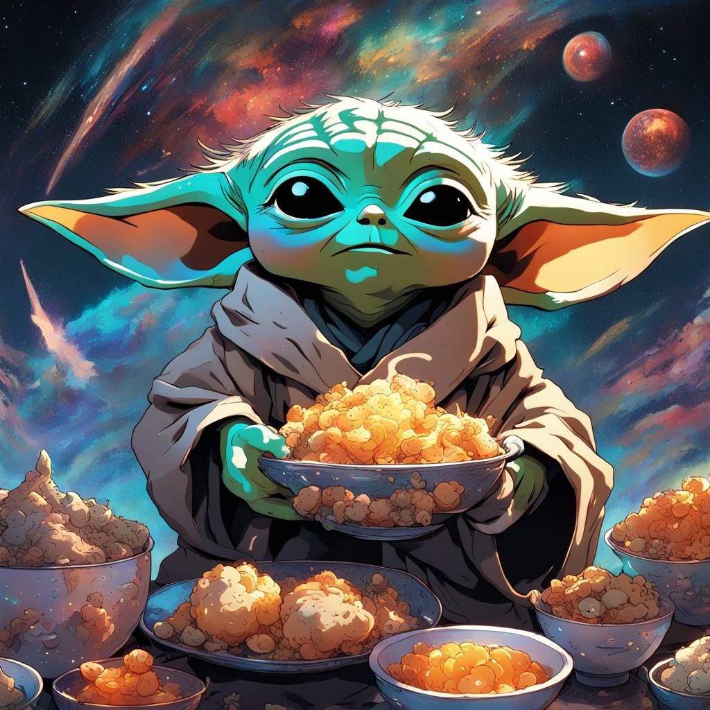 Baby Yoda Eating Dumplings in Anime Style