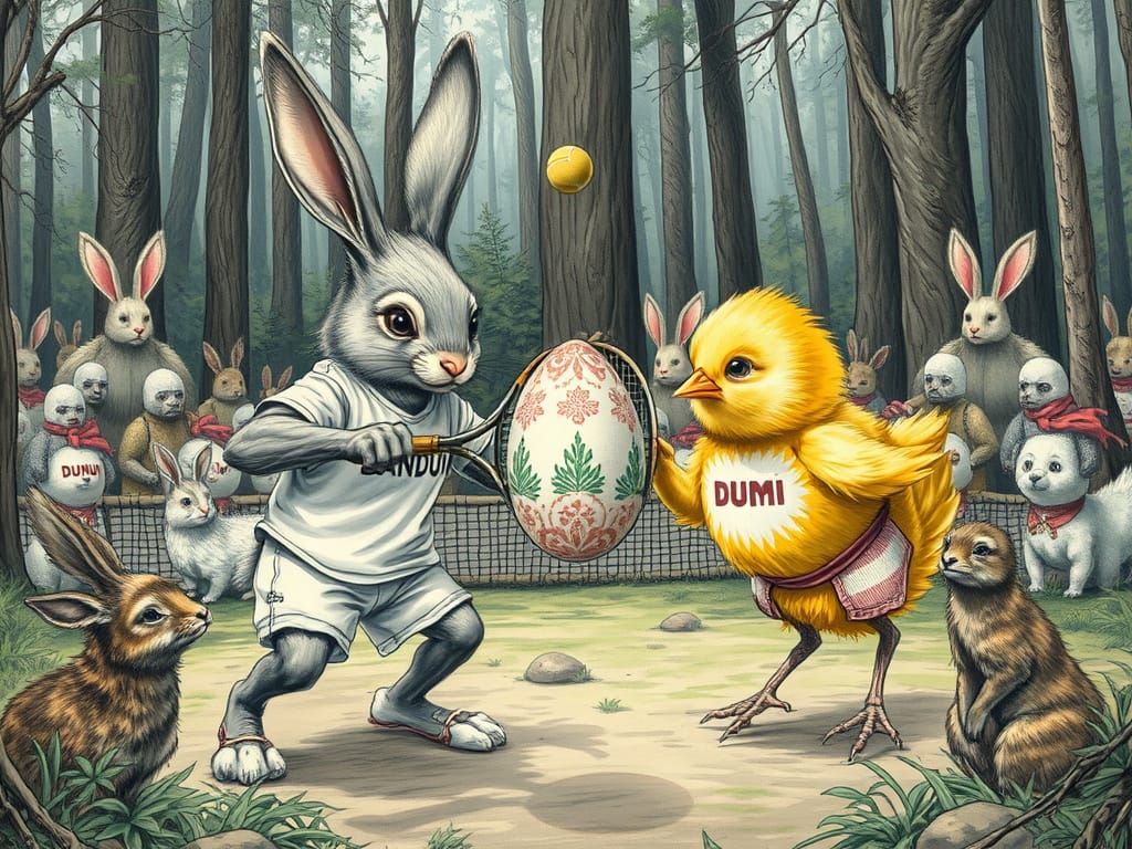 Bunny and Chick Tennis Match in Forest Arena
