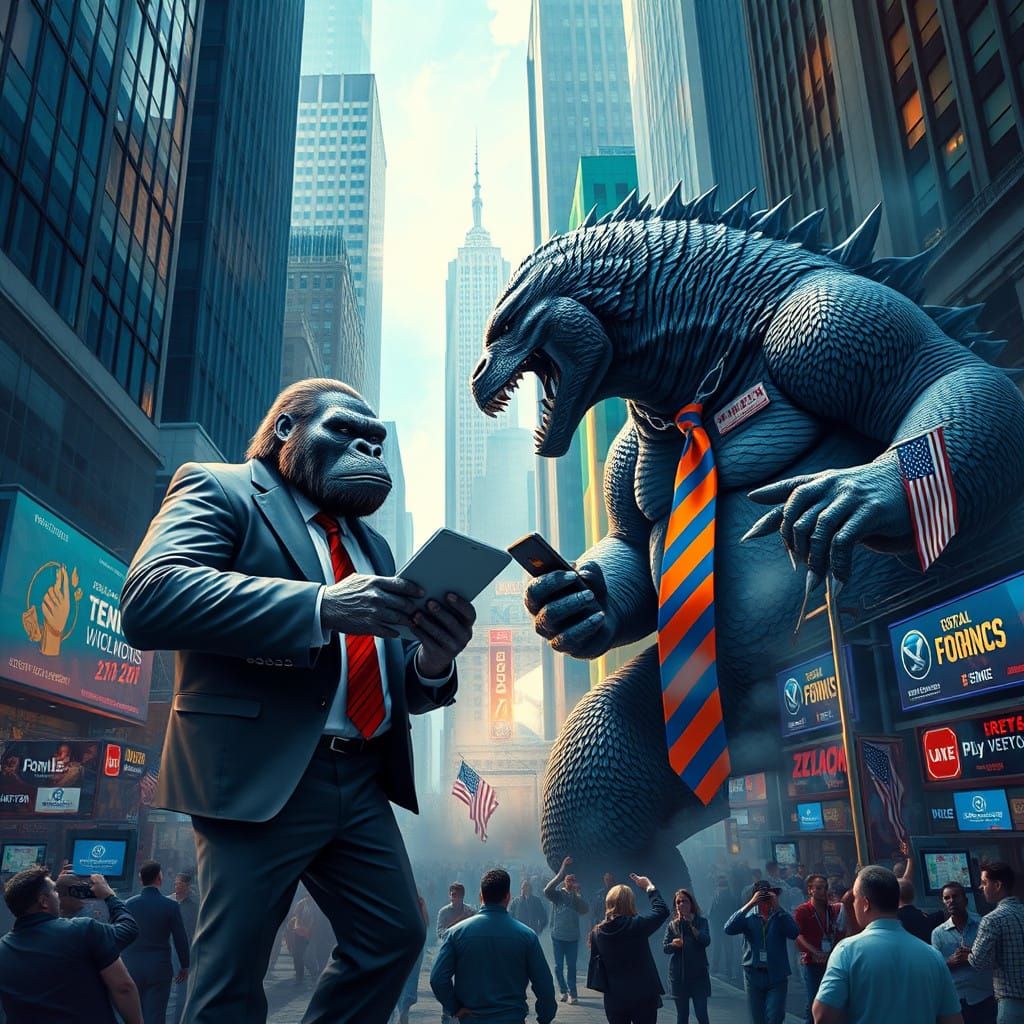 Godzilla Meets King Kong on Wall Street in Cyberpunk Style