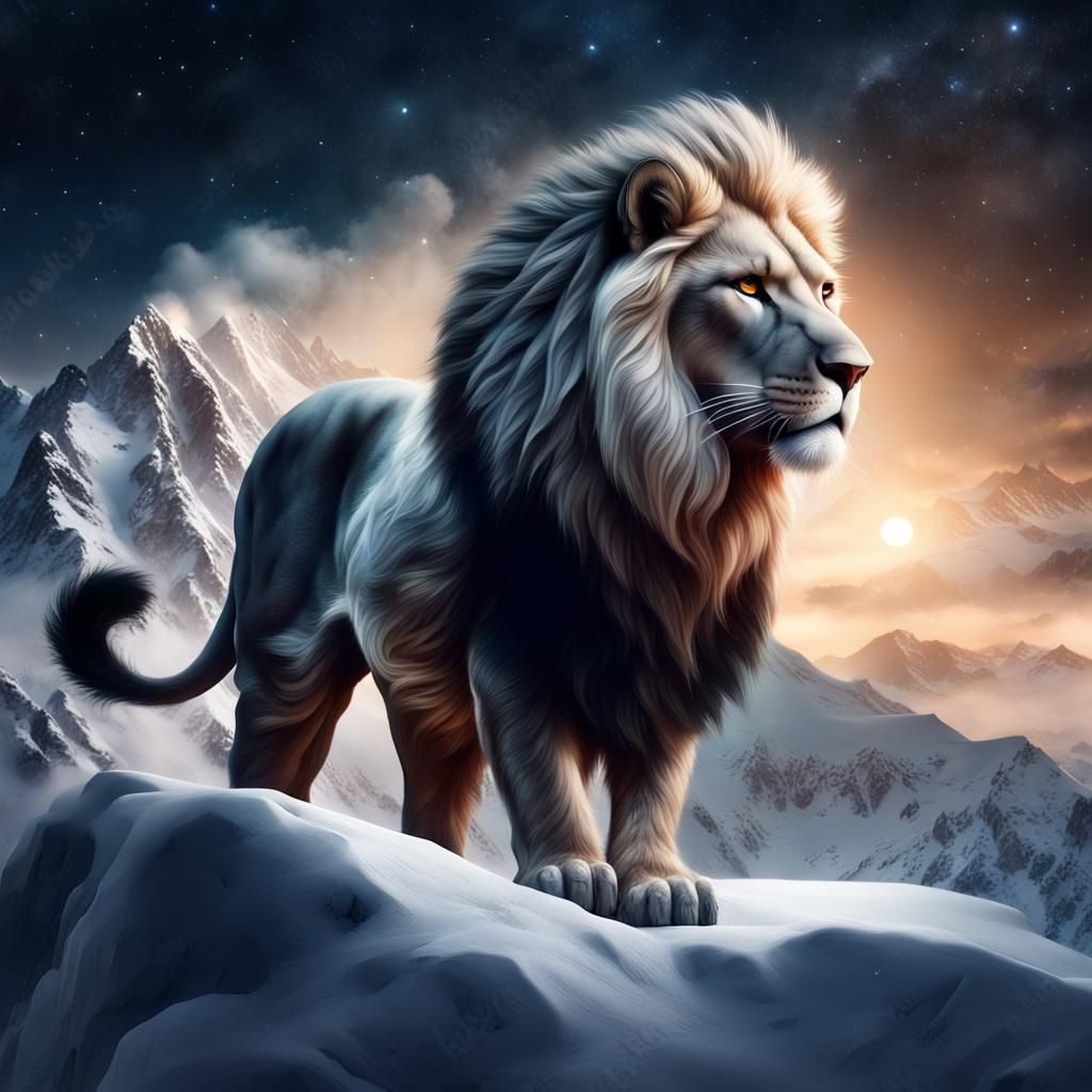 Snow Lion Under Starry Mountain Sky