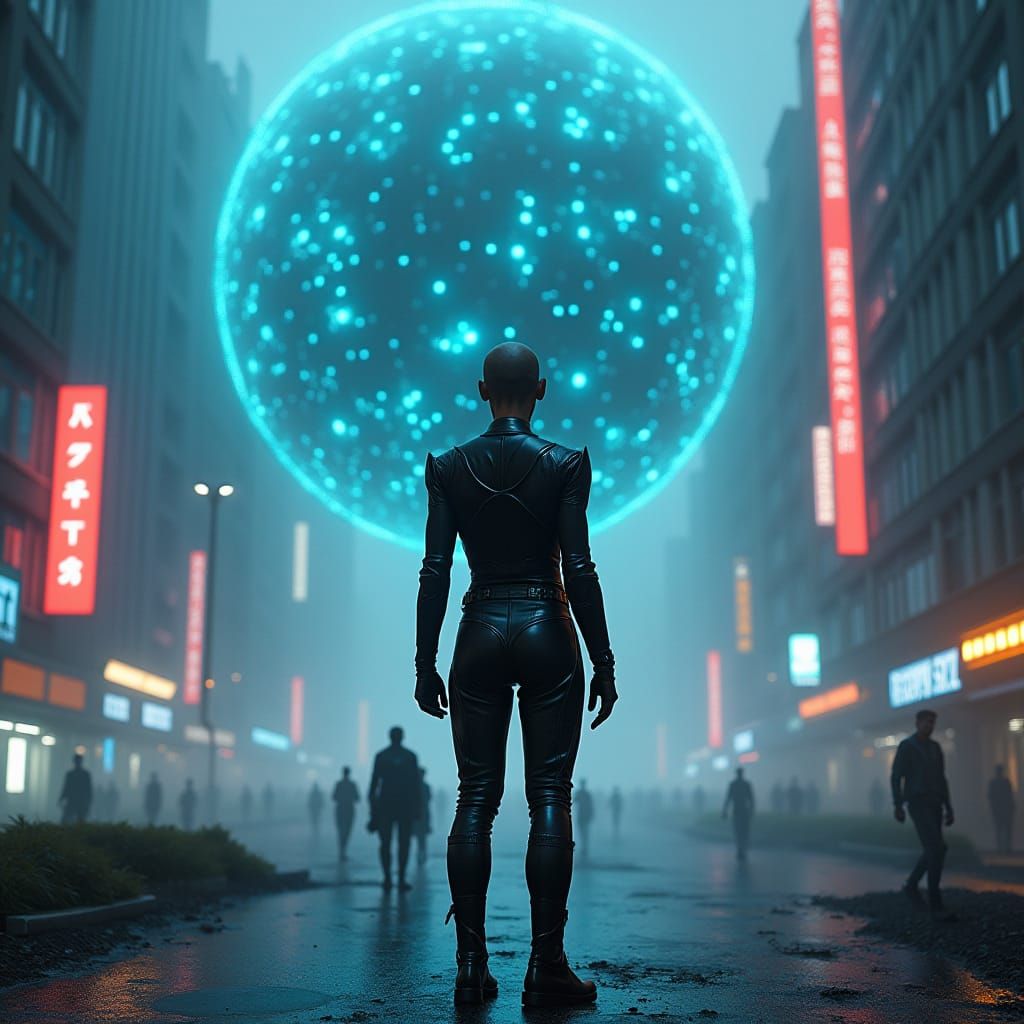 Dystopian Cityscape with Humanoid and AI Entity