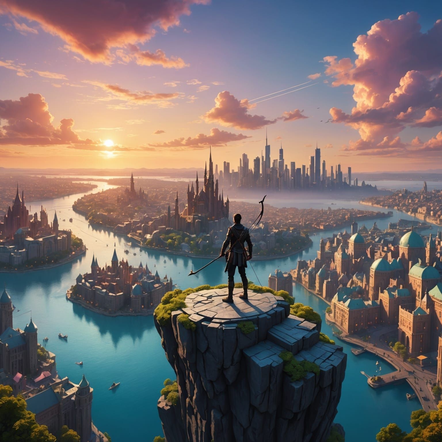 Fantasy Metropolis on Floating Island at Sunset