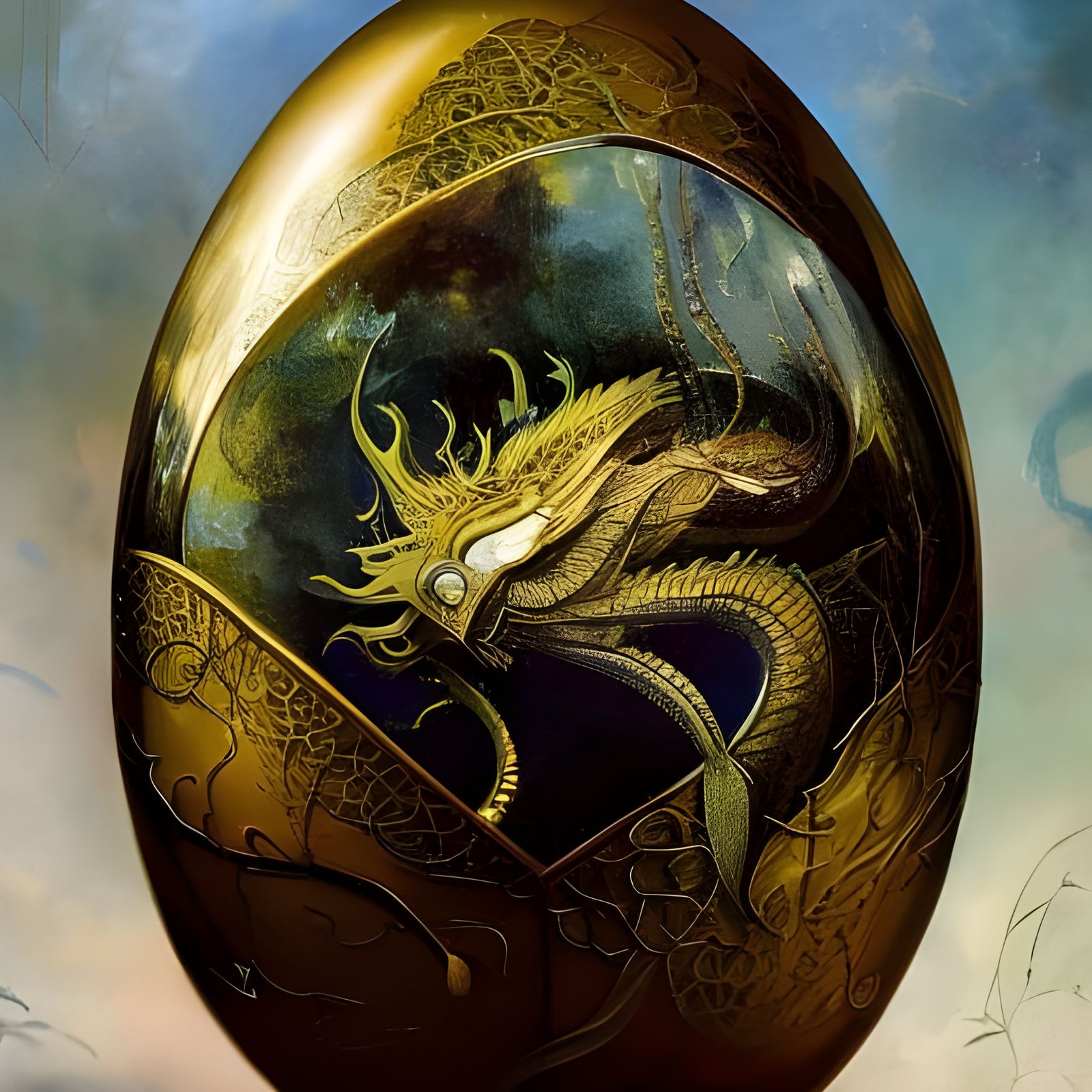 Golden Dragon in Iridescent Glass Egg