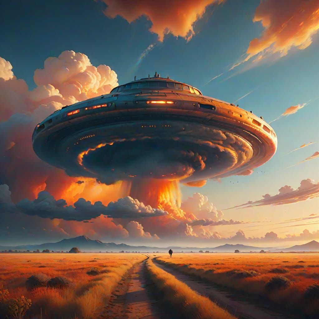 Cinematic UFO Oil Painting with Warm Golden Hues and Soft Fo...