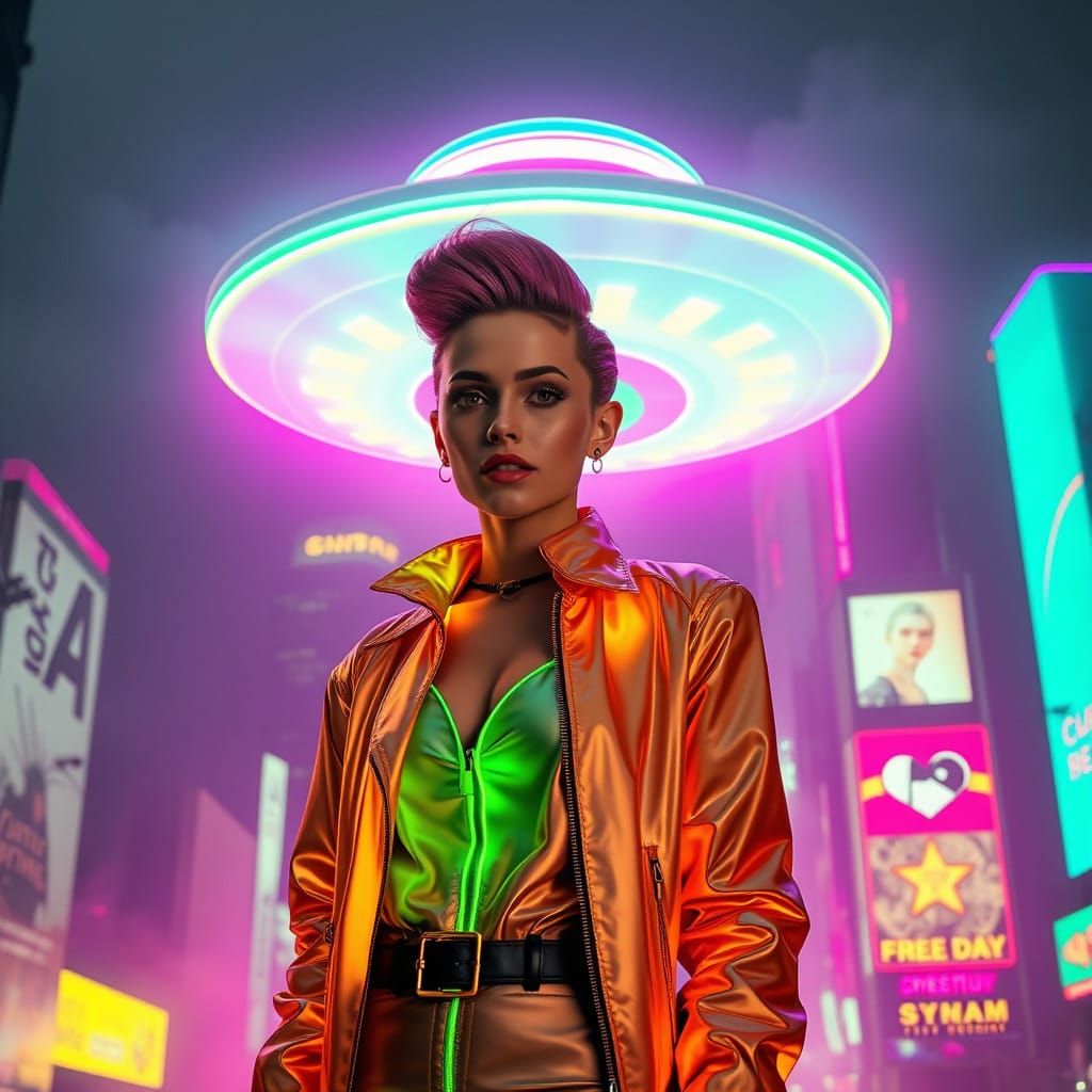 Futuristic Female Figure Under a Cyberpunk UFO