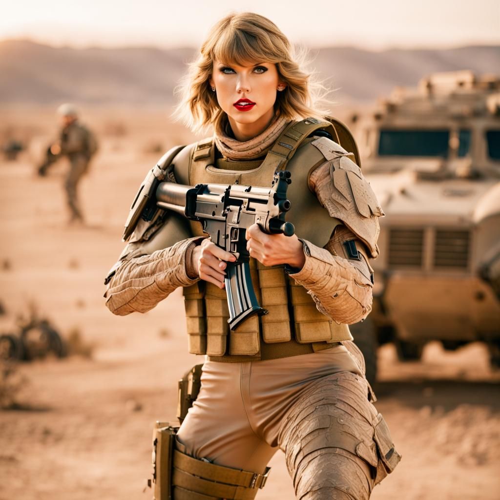 Taylor Swift as Armored Soldier in Desert Combat