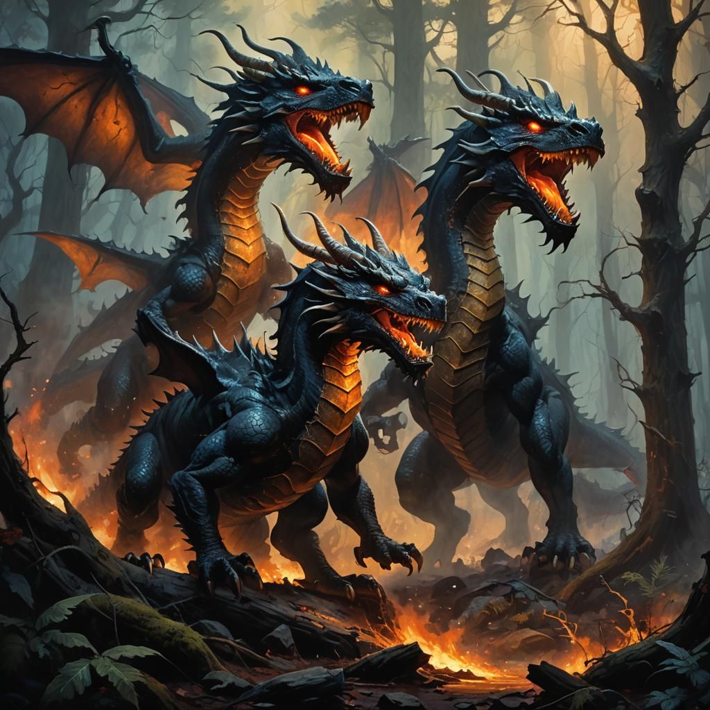 Two-Headed Dragon Roaring in Mystical Forest