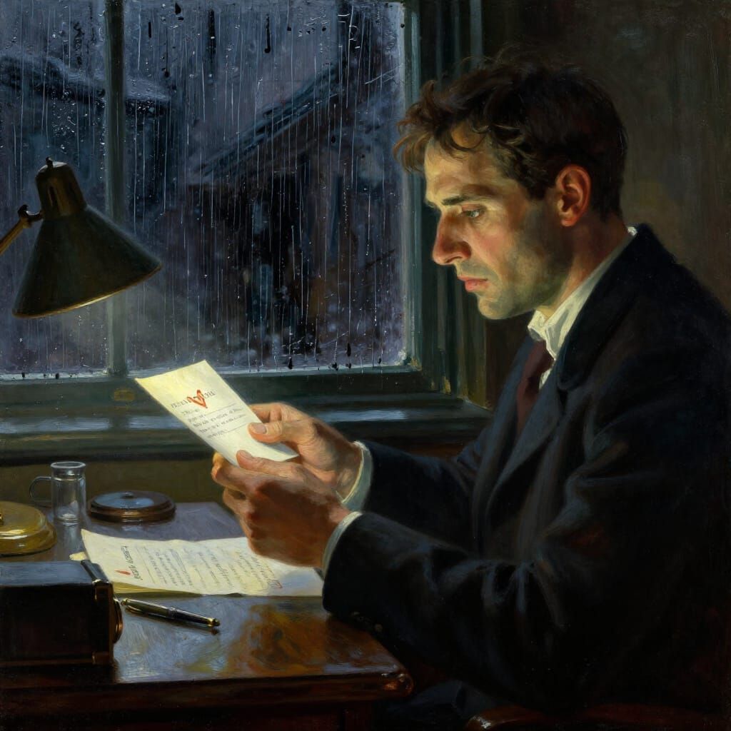 Detective Receives Future Letter in Oil Painting Style