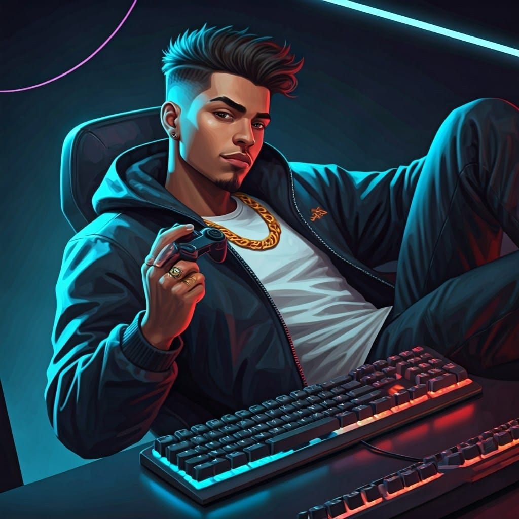 Sleek Gaming Setup with Neon Lights in Digital Painting Styl...
