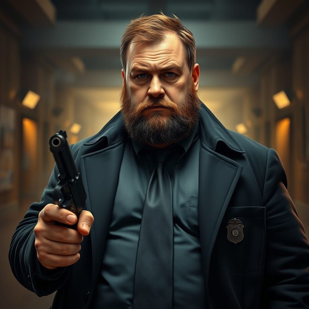 Chubby Detective in Crime Scene, Digital Painting