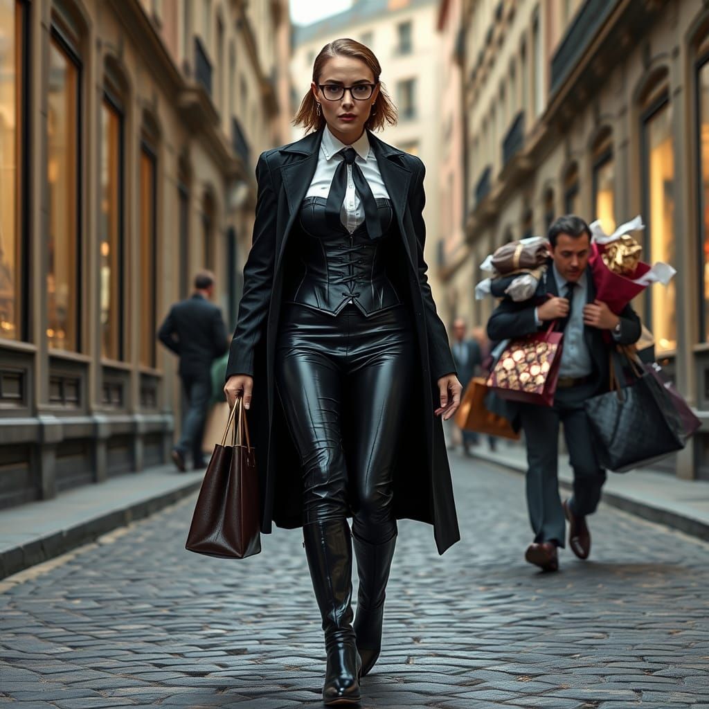 Stern Woman Walking Down Cobblestone Street