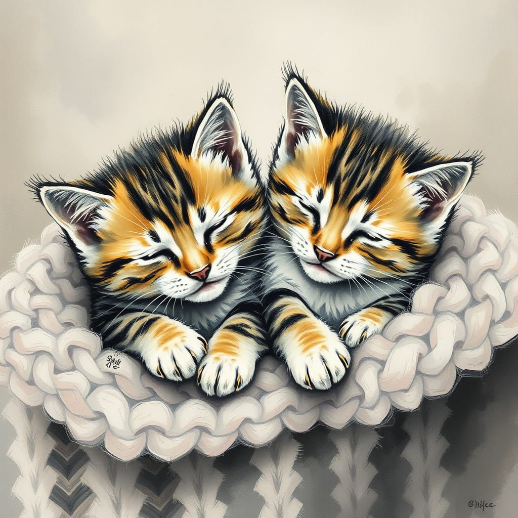 Sleepy kittens in a wooly jumper European ink painting lyrical abstraction 8k