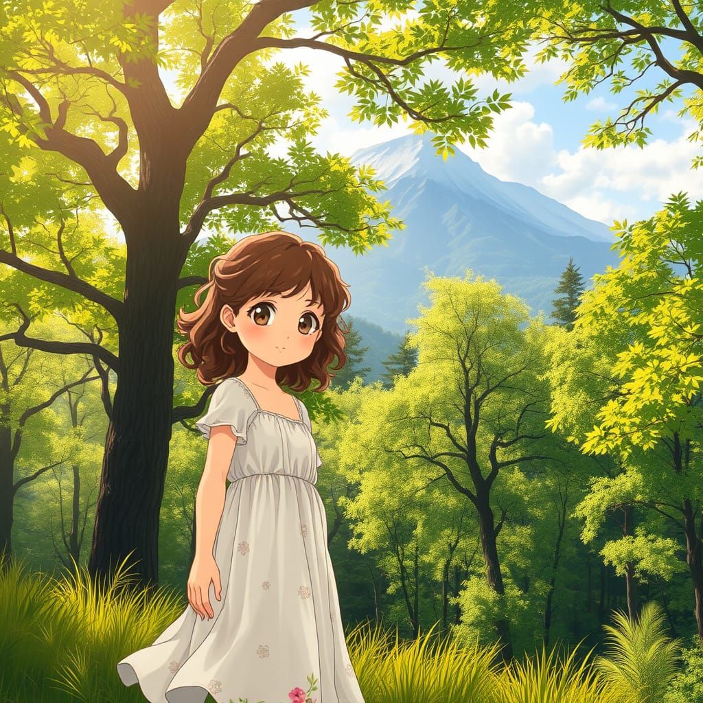 Surreal Anime Goddess in Lush Forest Landscape