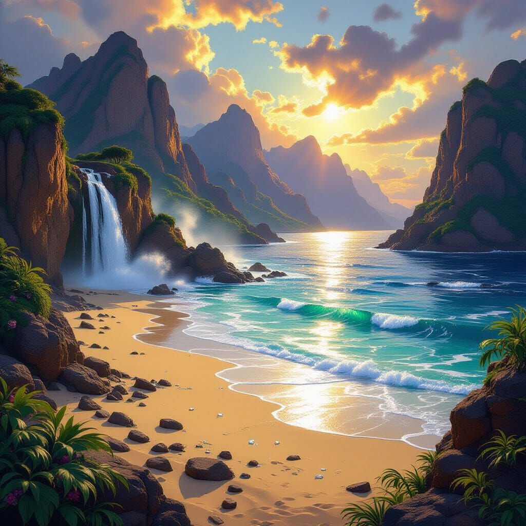 Fantasy Landscape: Gemstone River, Ruby Mountain, Emerald Wa...