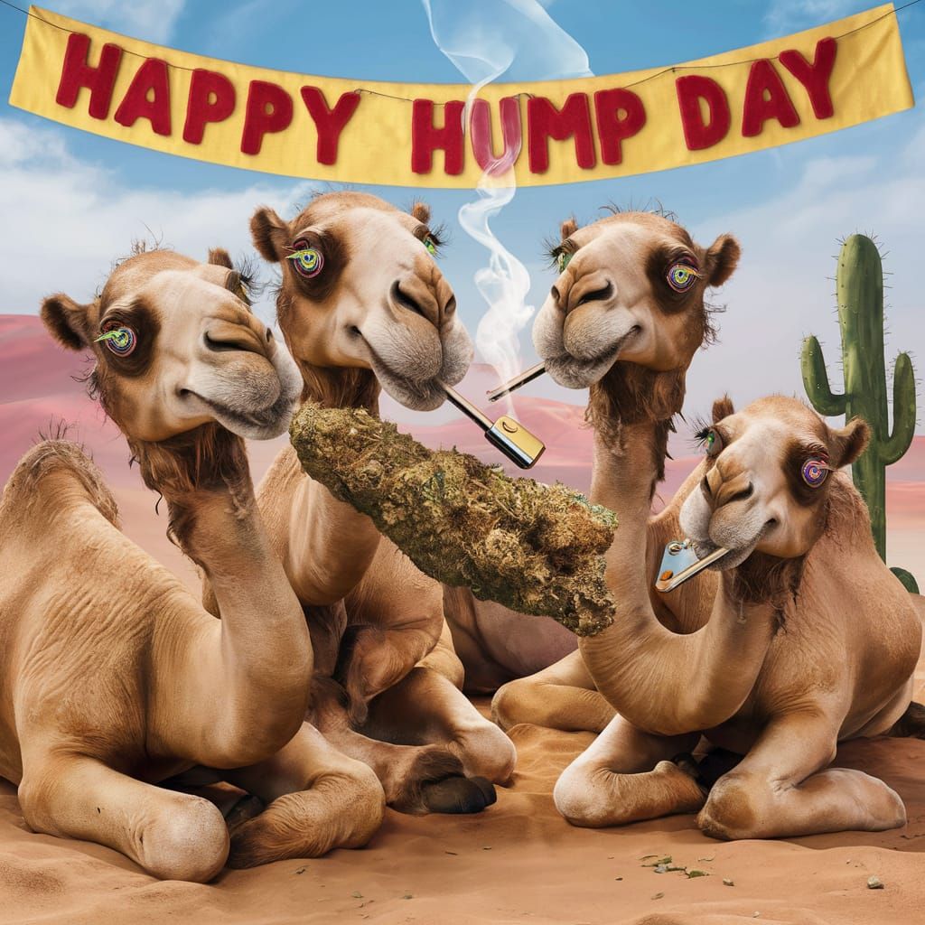 Humorous Camels Celebrate Hump Day in Desert
