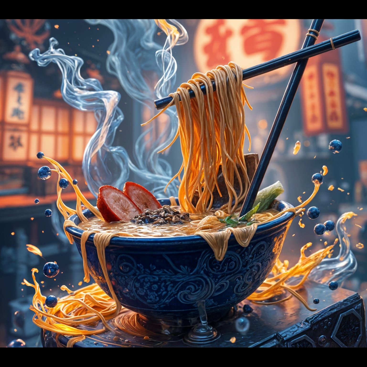 Blue Ramen Japandi Fantasy in Deep, Vibrant Hues