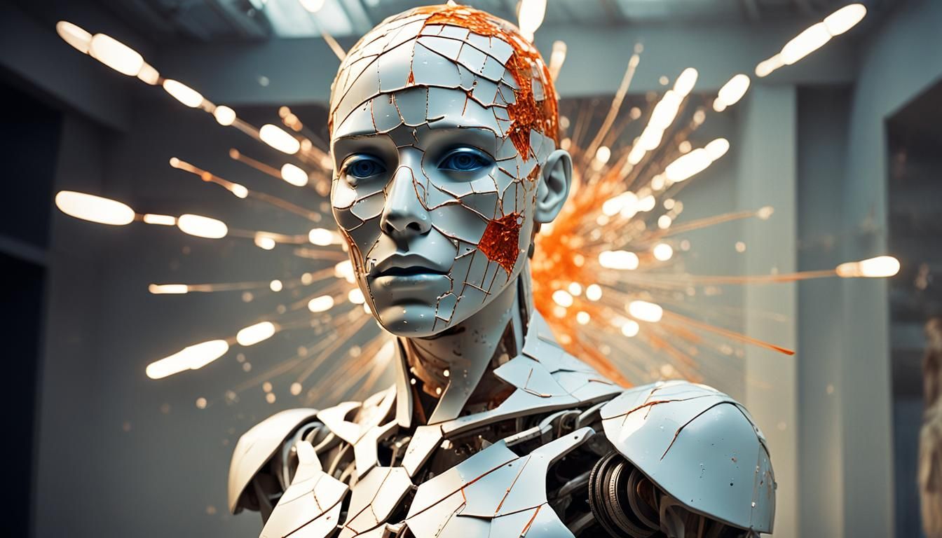 Frightened Porcelain Mannequin in Futuristic Dystopia