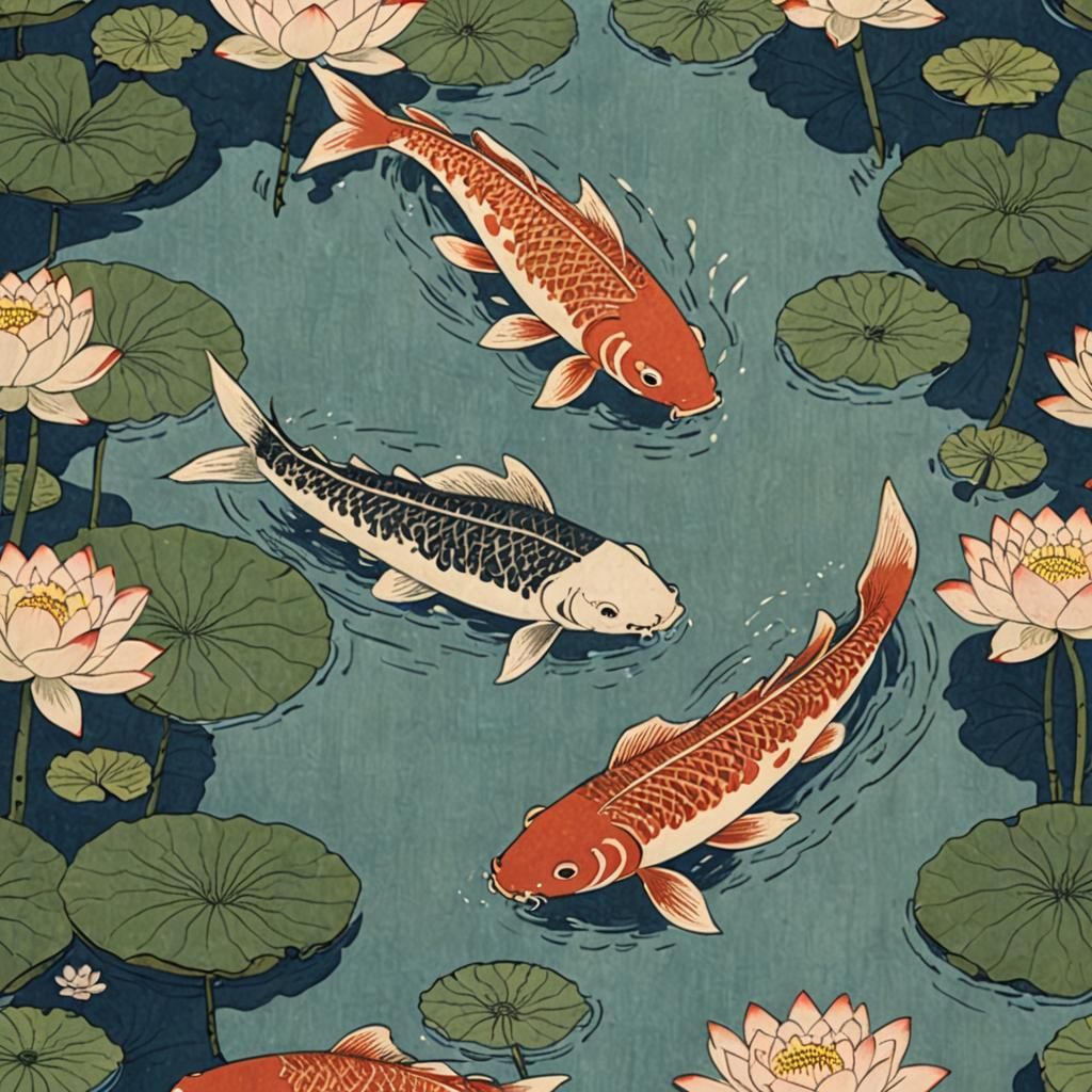 Fish in Lotus Pond, Ukiyo-e Style
