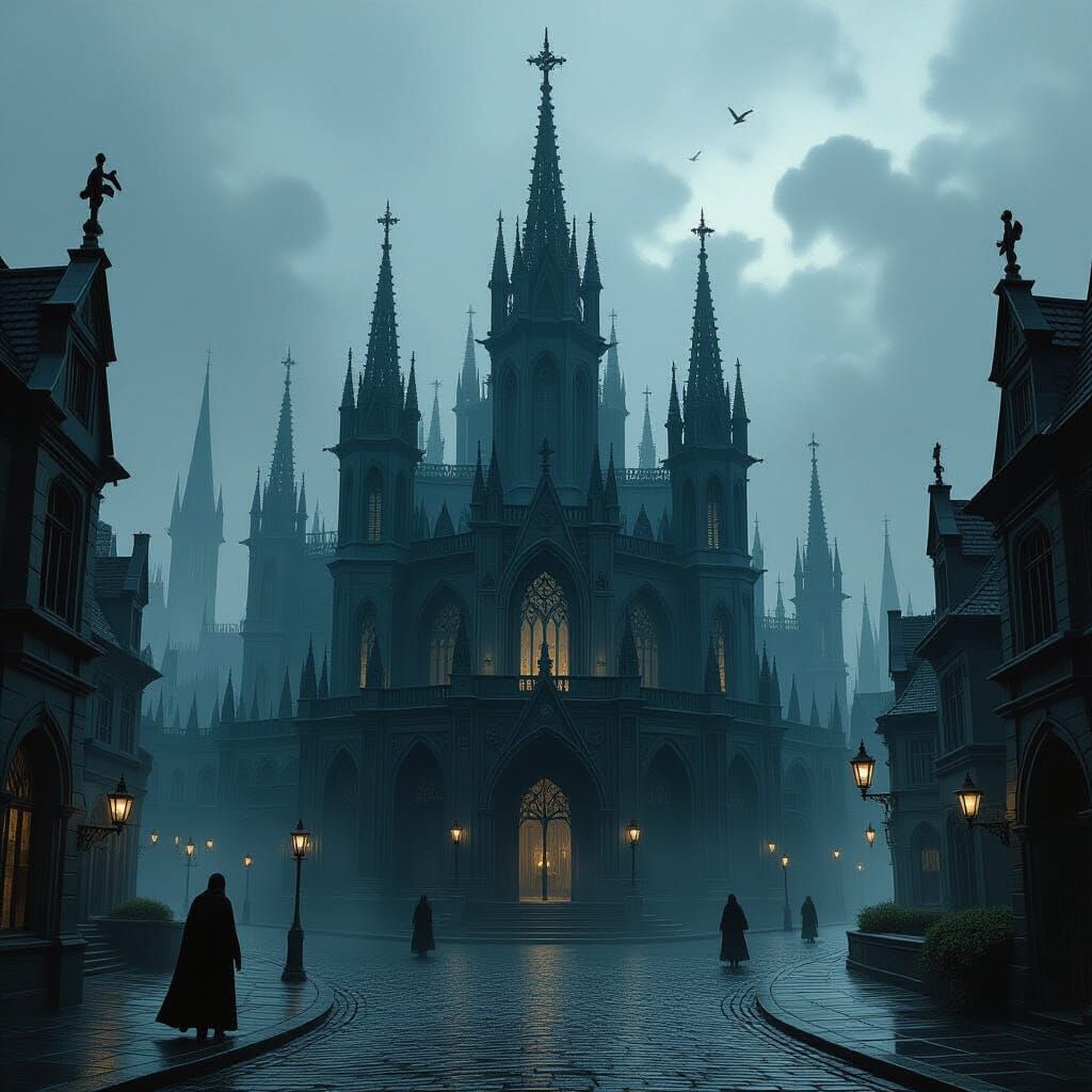 Gothic Cityscape with Ornate Spires in Grimdark Fantasy Styl...
