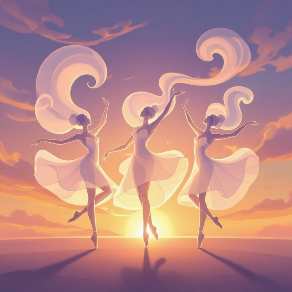 Ethereal Cloud Dancers Twirl in Twilight Sky