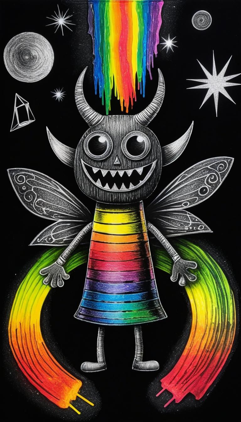 Surreal Demon in Childlike Crayon Drawing with Fairy