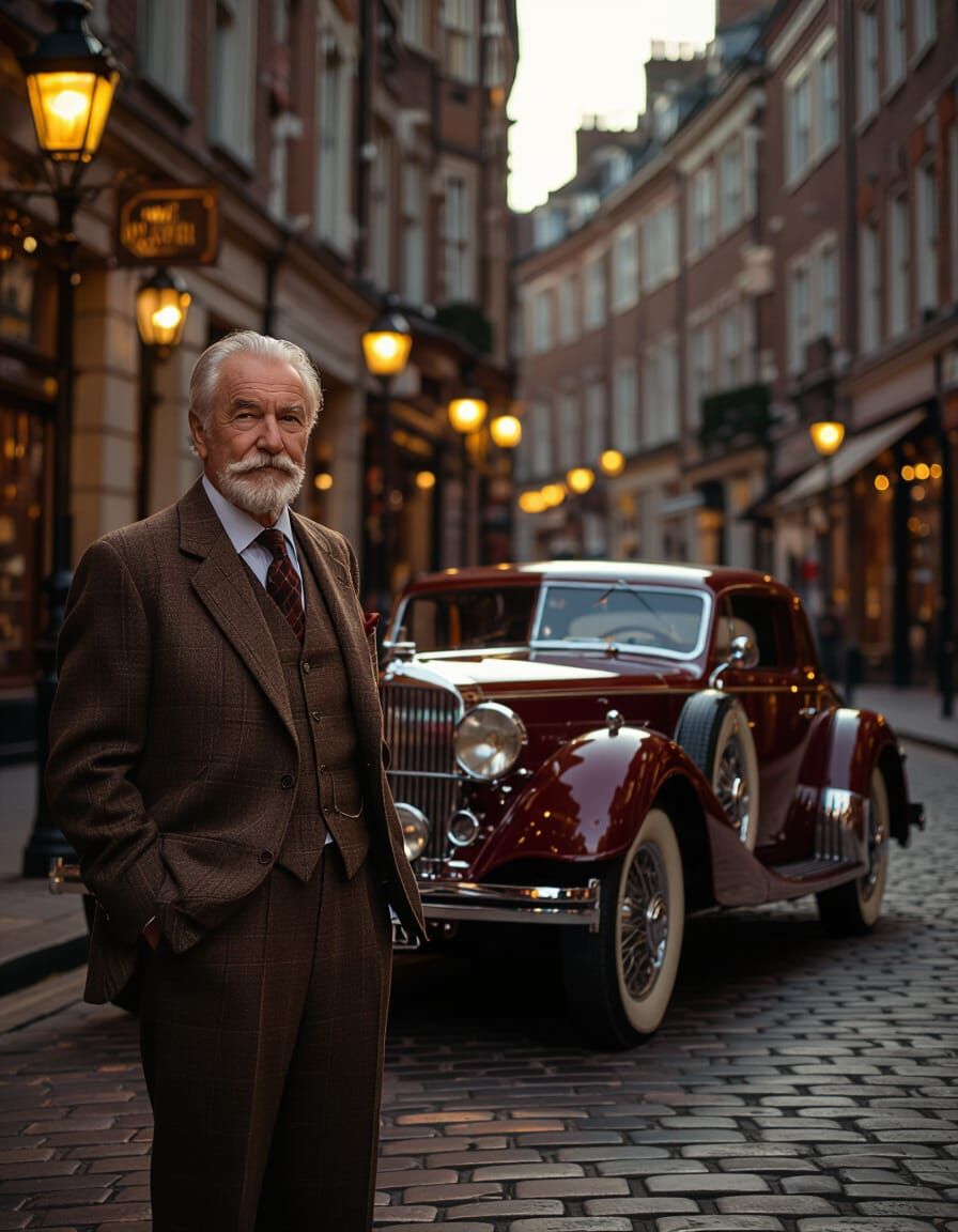 Gentleman and Vintage Sports Car at Sunset