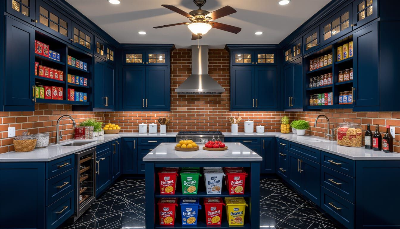 Victorian Storage Room With Dark Blue Cabinets and Brick Acc...