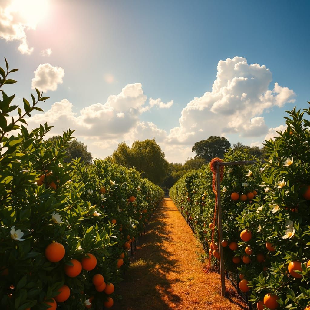 Vibrant Orange Grove Scene in a Dreamy Spring Landscape