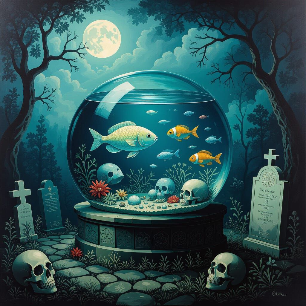 Whimsical Aquarium on a Graveyard, Dark & Detailed