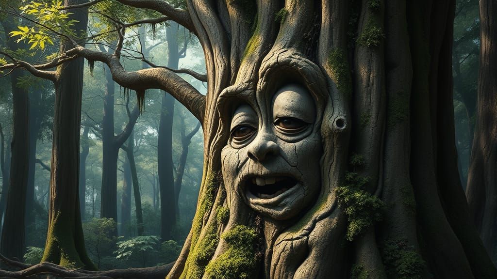 Ancient Forest Tree Trunk Transformed into Whimsical Anime F...
