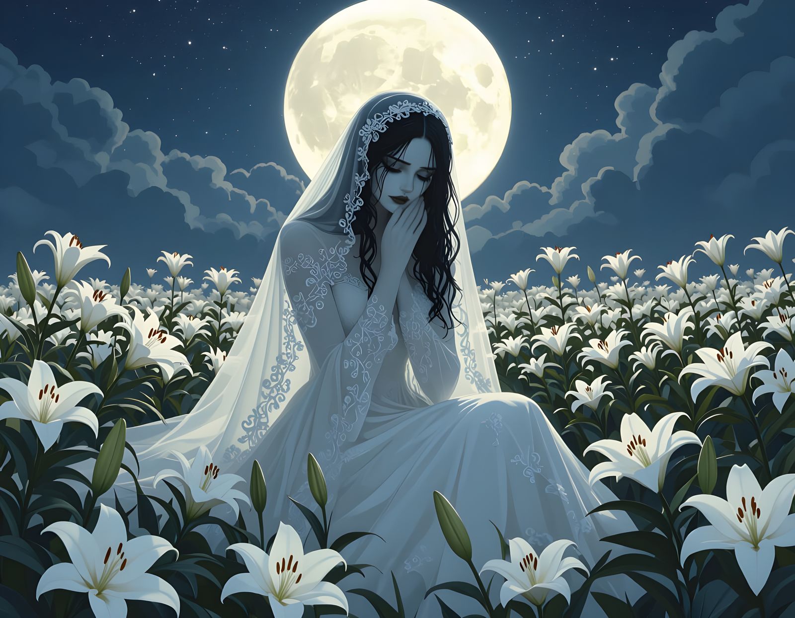 Spectral Bride Weeps Among Lilies Under Full Moon