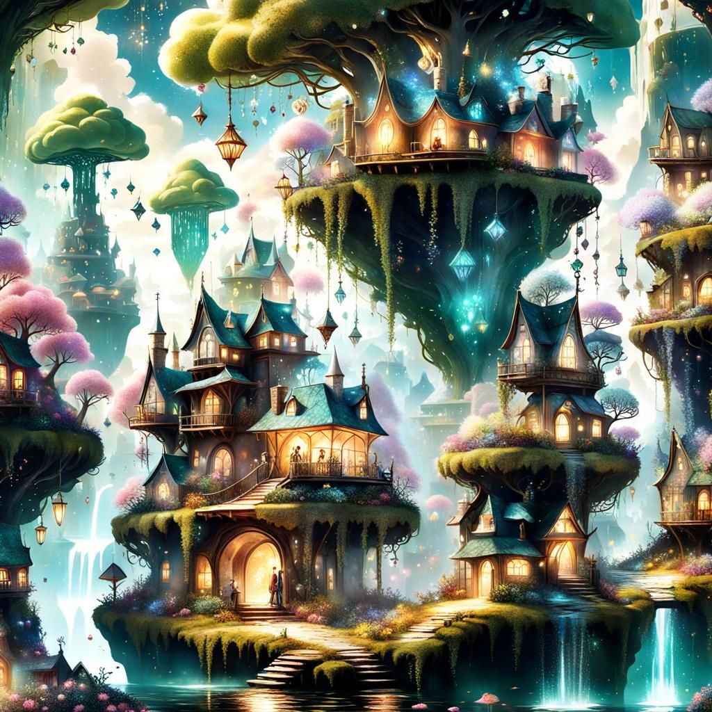 Magical Cloud Village in Surreal Fantasy Style