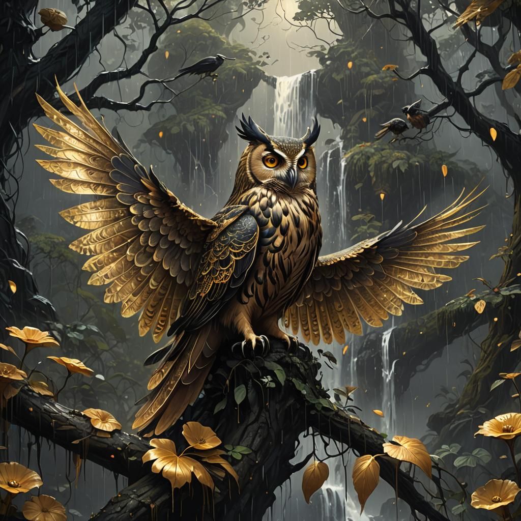 Owl with Peacock Wings in Spooky Rainforest