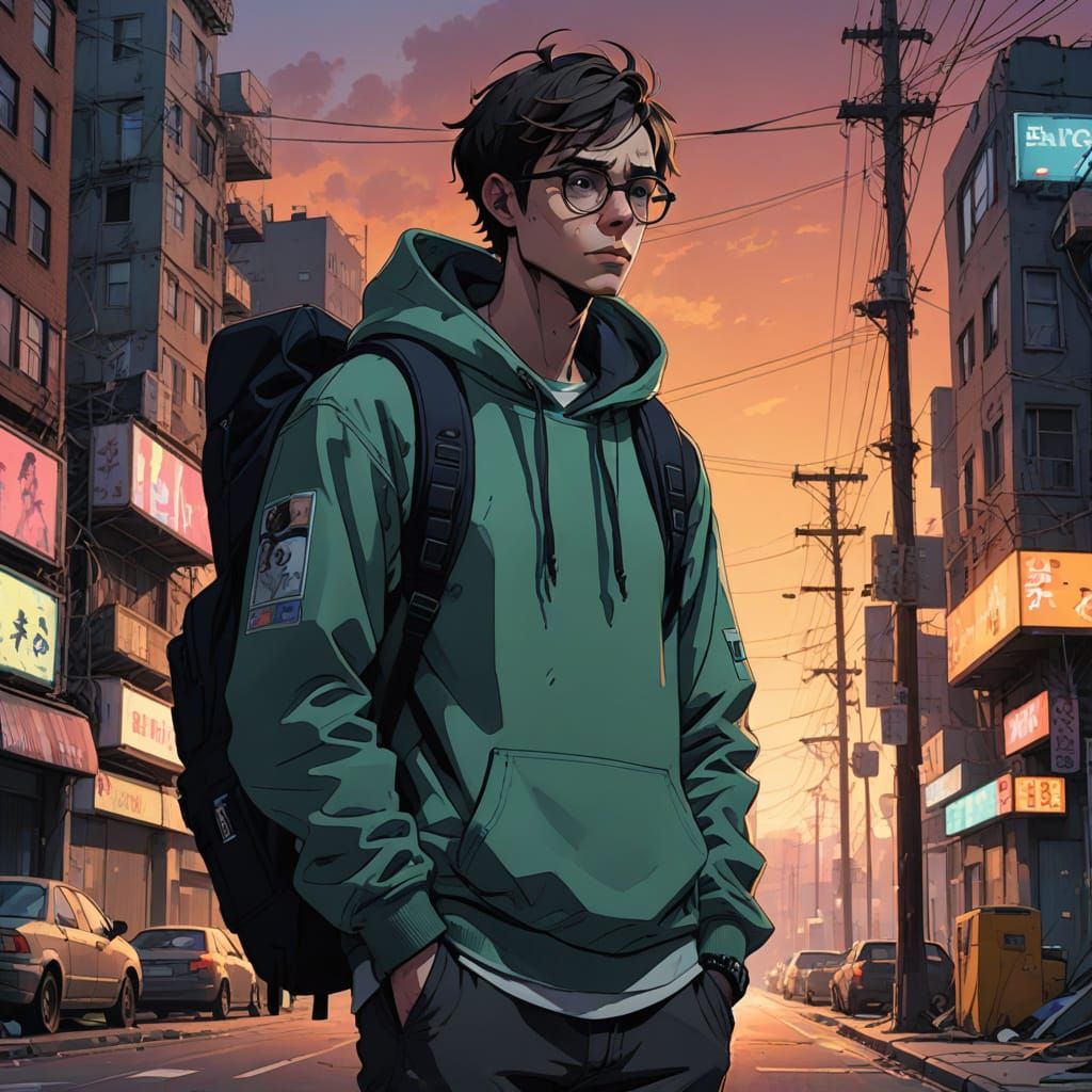 Anime-Style Character in Futuristic Dystopian Cityscape