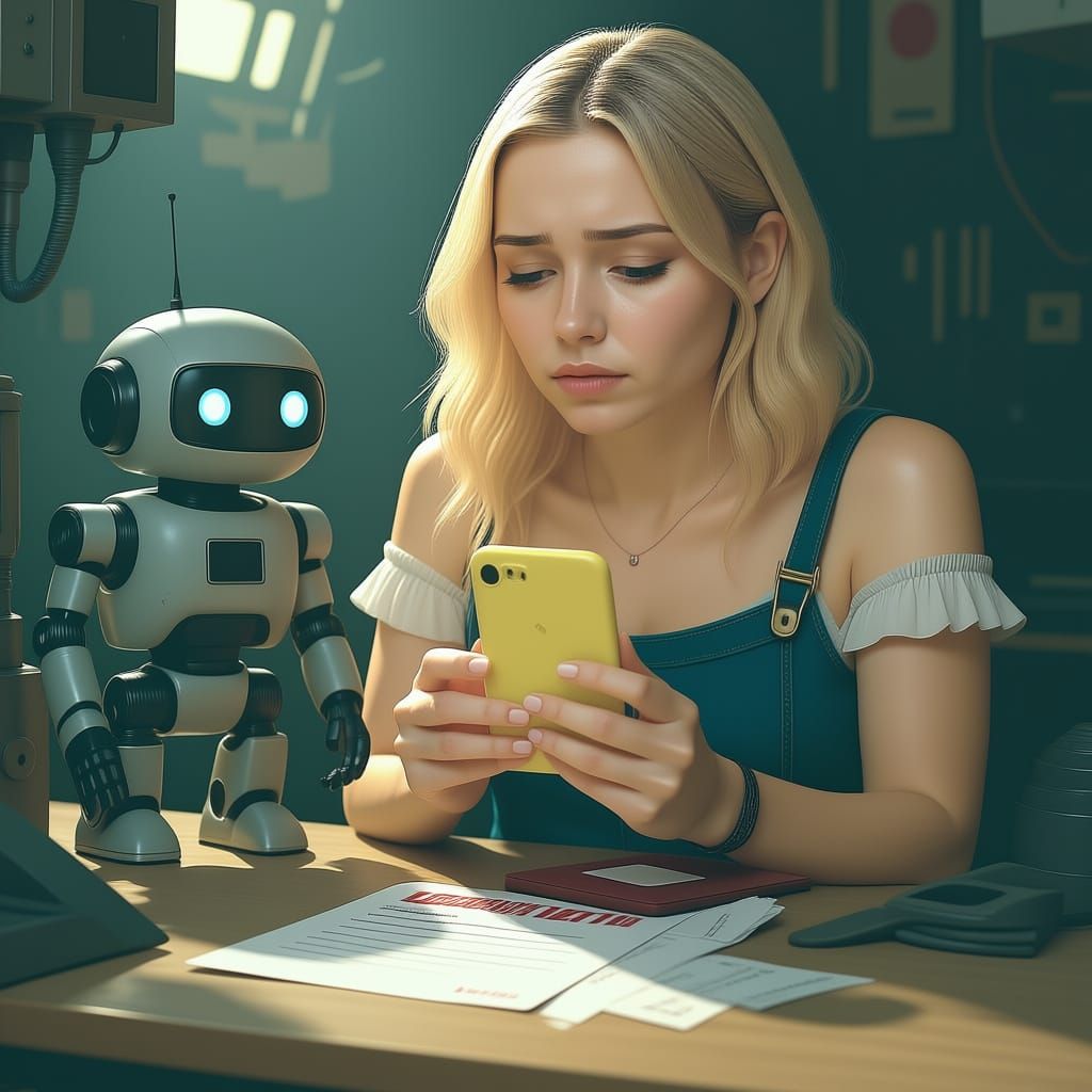 Sad Woman Begged By Robot in Dim Machine Shop