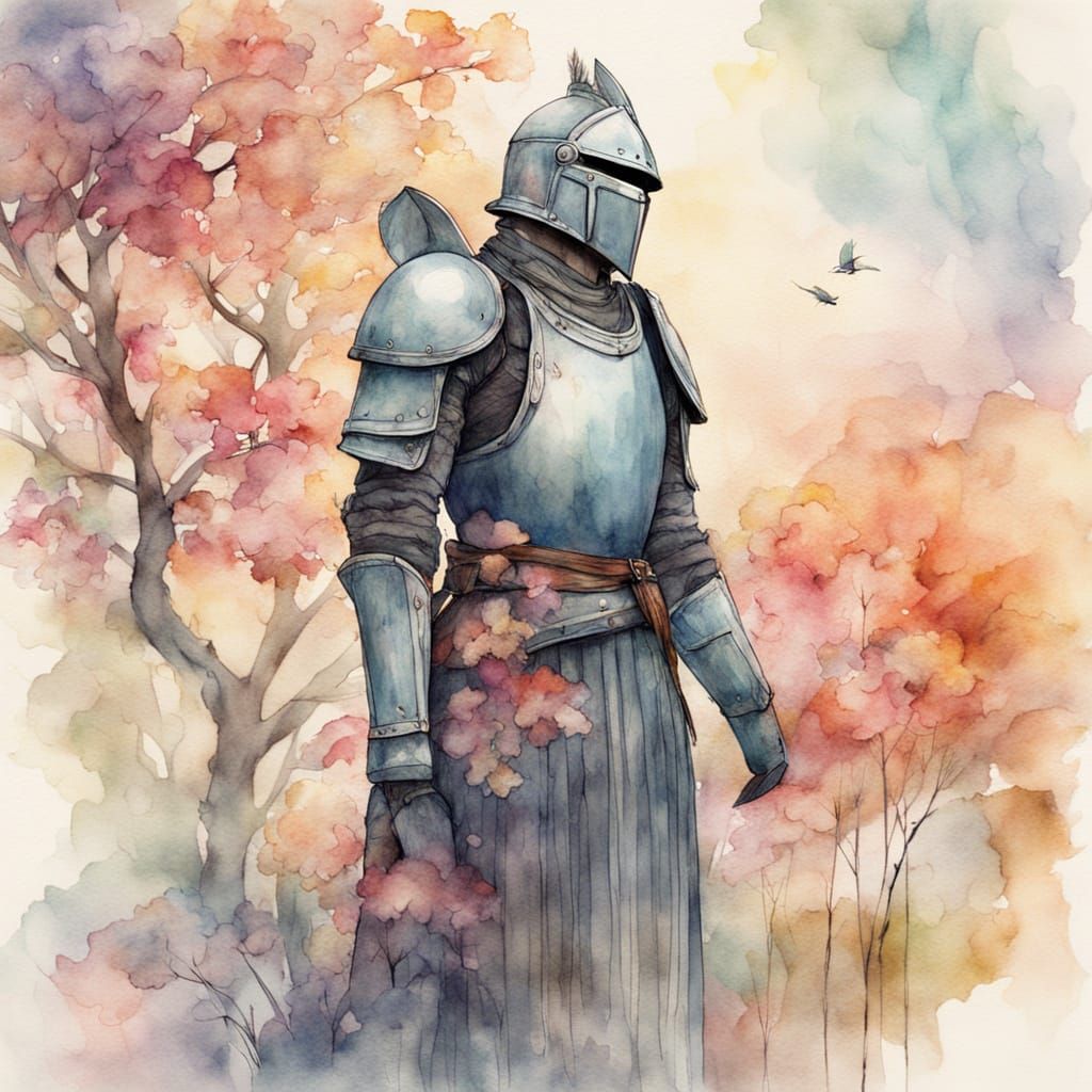 Medieval Knight in Japanese Armor Admires Cherry Blossoms in...