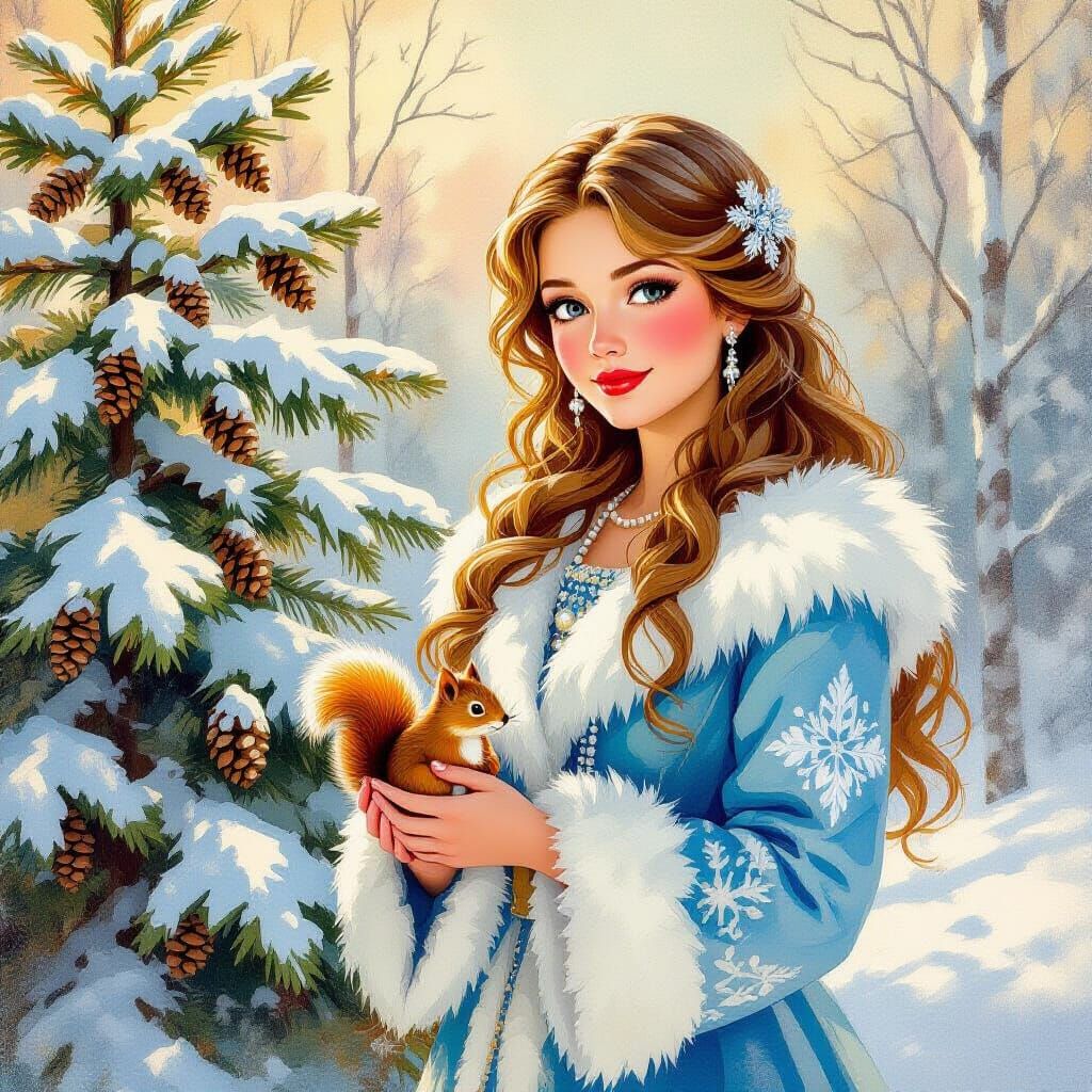 Snow Maiden with Squirrel in 1970s Postcard Style