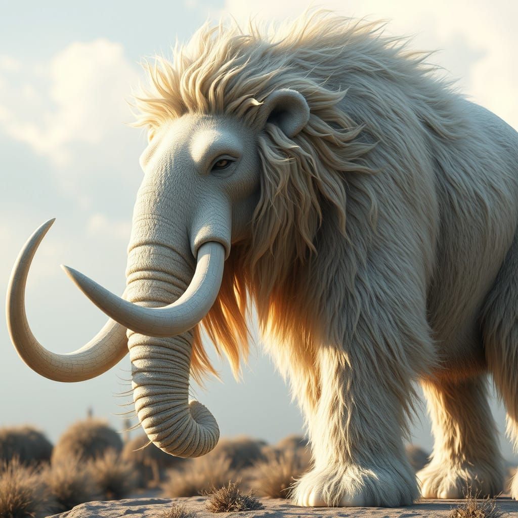 Regal Hyperrealistic Beast with Lion's Head and Mammoth's Bo...
