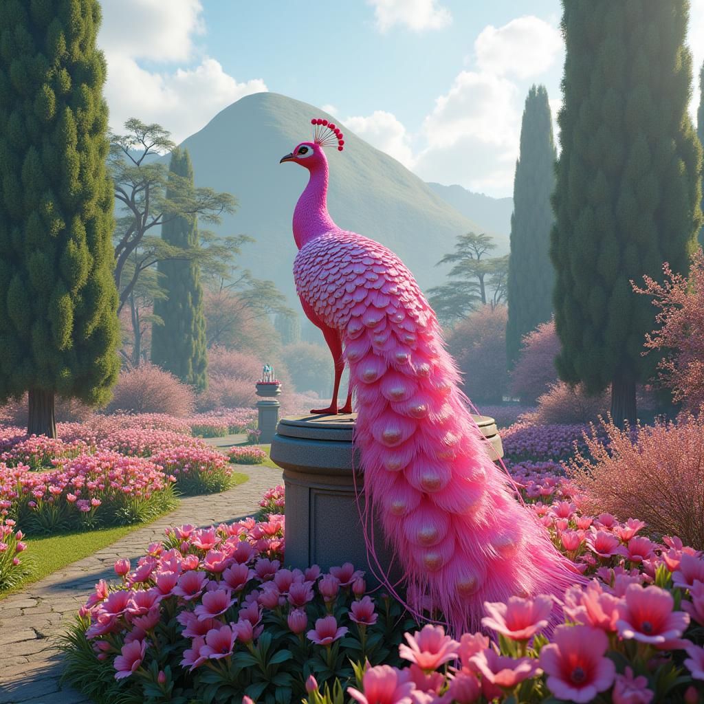 Iridescent Pink Peacock in Art Deco Garden