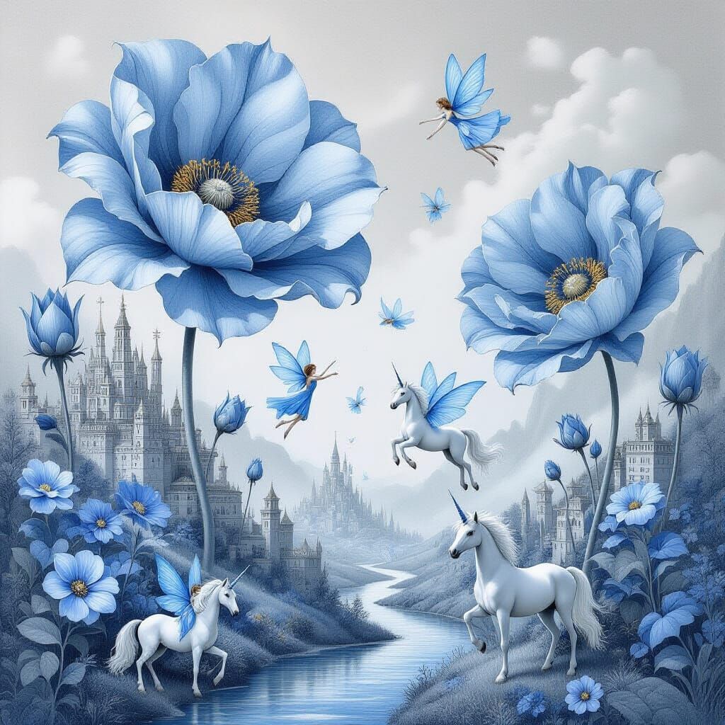 Surreal Blue Flower Landscape with Tiny Cities