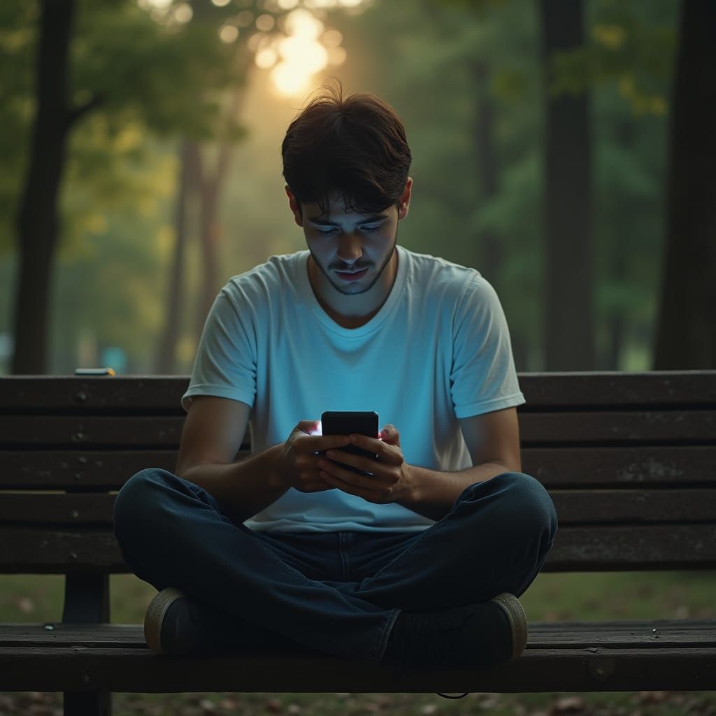 Young Man Overwhelmed by Cyberbullying in a Serene Park Sett...