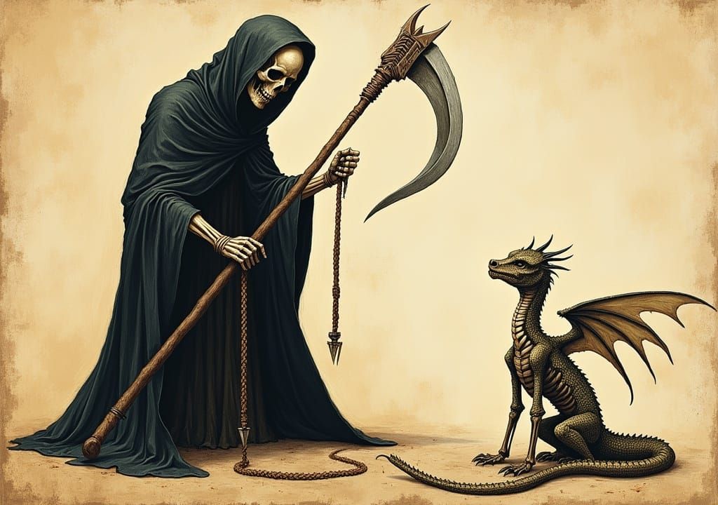 Dragon and Reaper Encounter in Medieval Manuscript Style