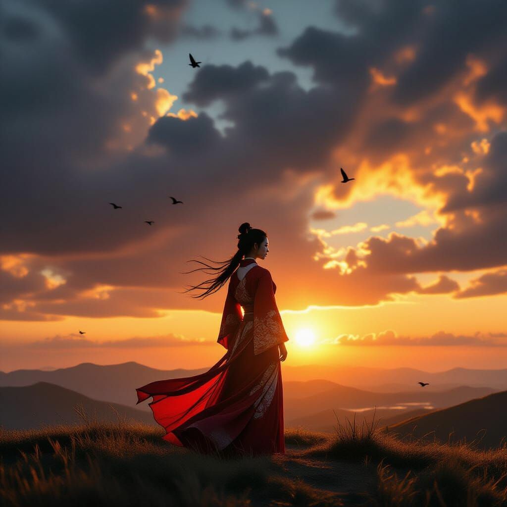 Asian Warrior Woman on Windswept Hill at Sunset