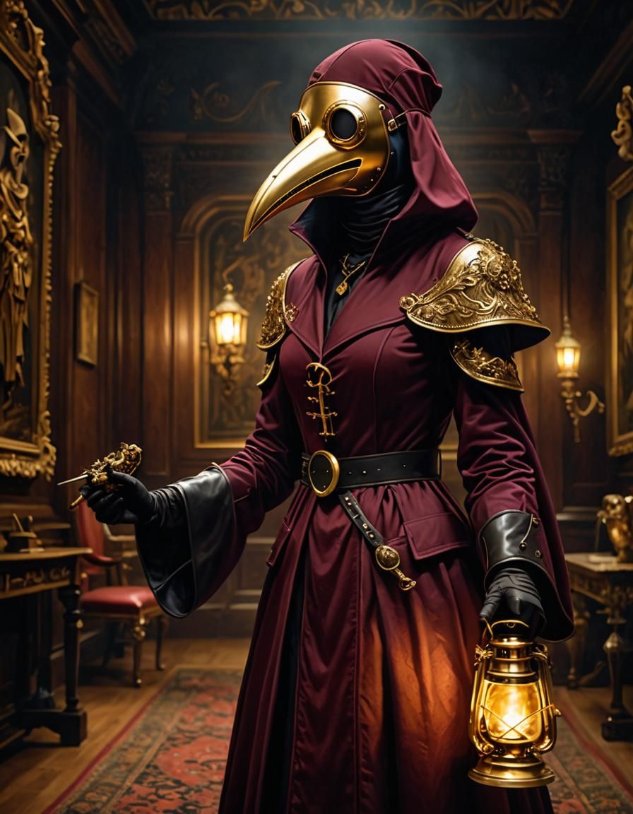female plague doctor wearing luxurious beaked plague mask