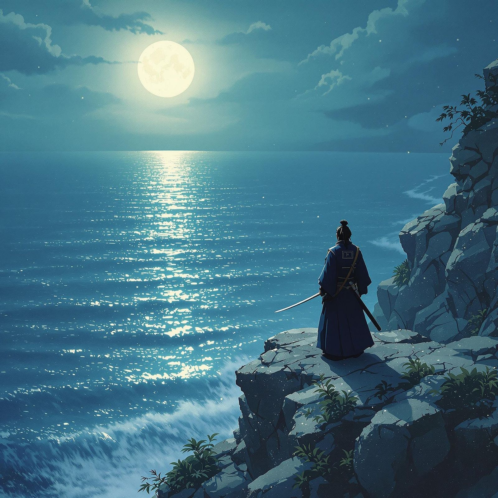 Samurai Contemplates Sea: Japanese Art Impressionism