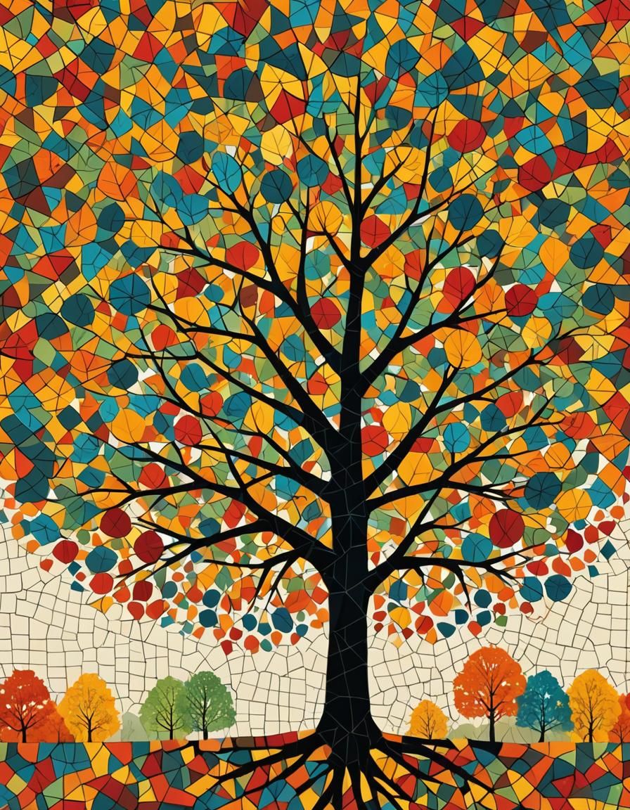 Autumn Tree Mosaic in Geometric Pop Art Style