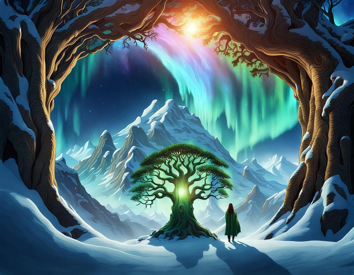 Elven Figure Enters Magical Portal in Fantasy Landscape