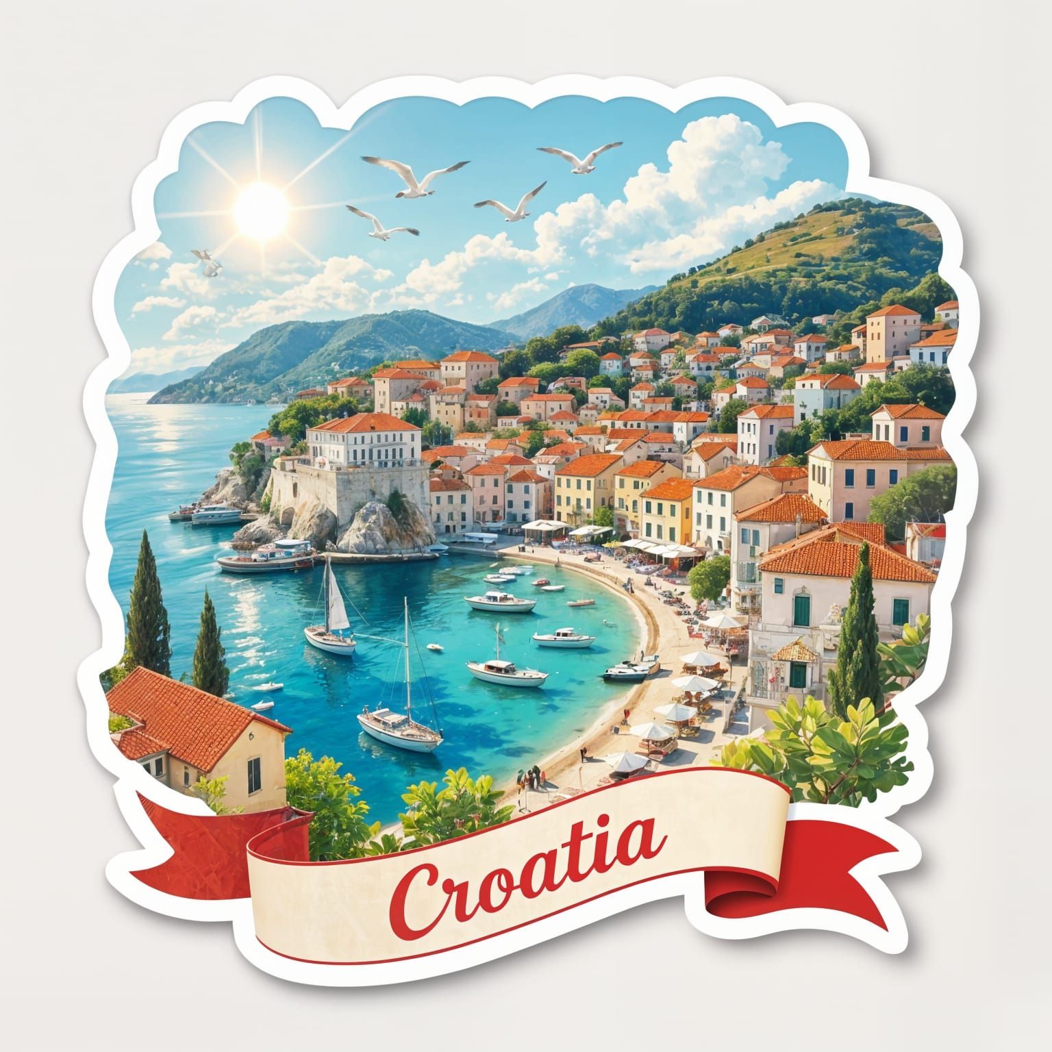 Vibrant Sticker of Croatia's Sunlit Coastal City