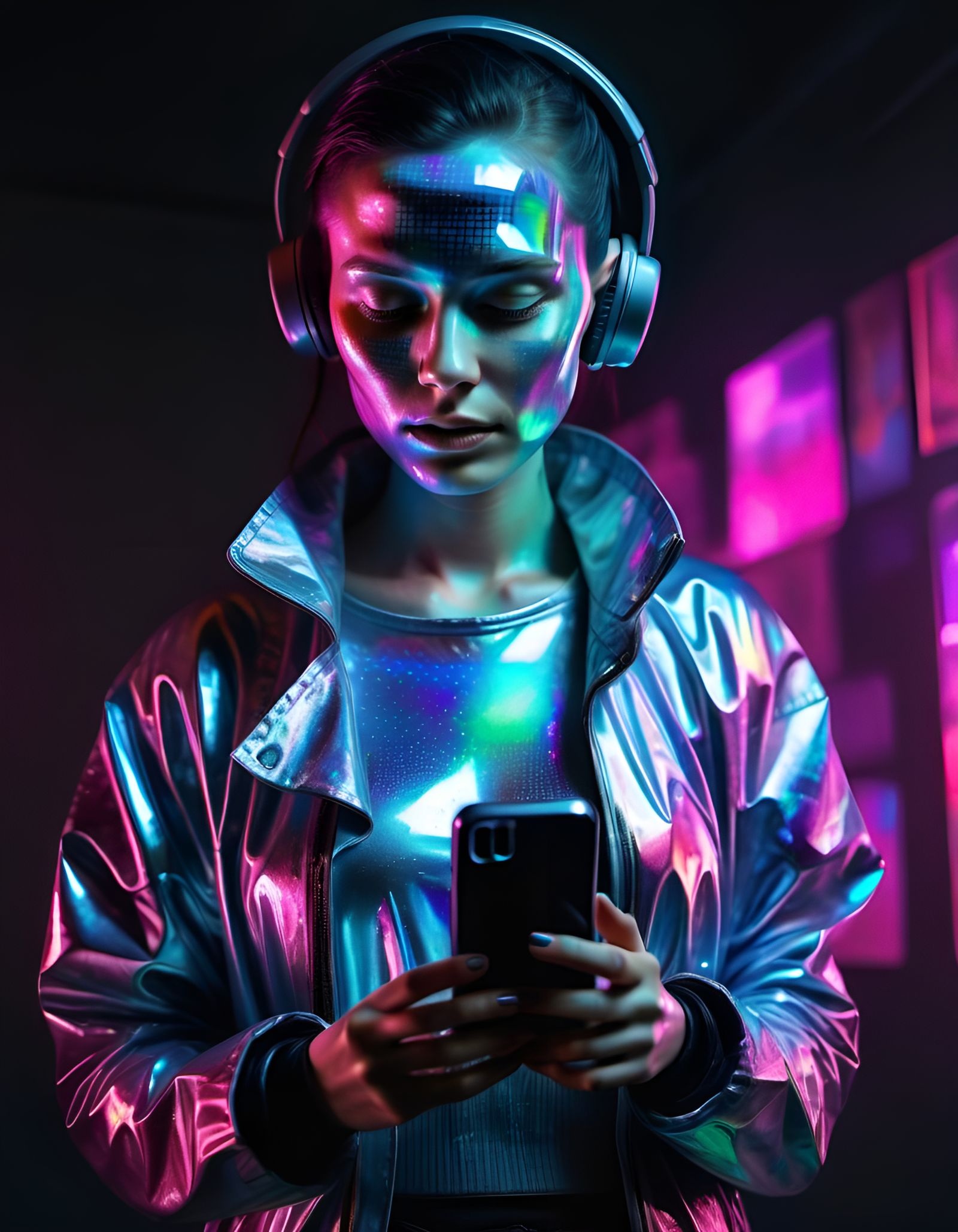 Cyberpunk Woman with Holographic Paint Holding Cellphone