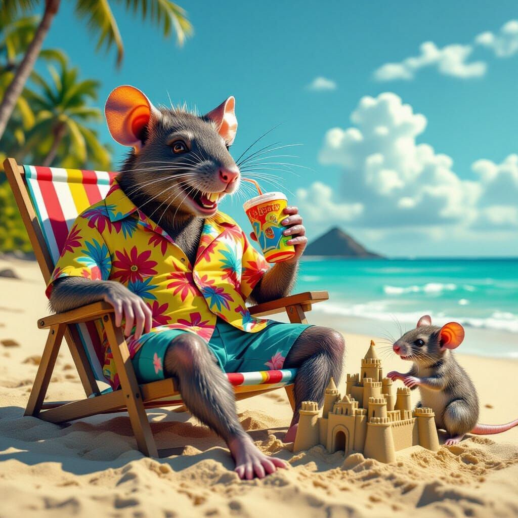 Grotesque Rat Lounging on Beach in Hyperrealism